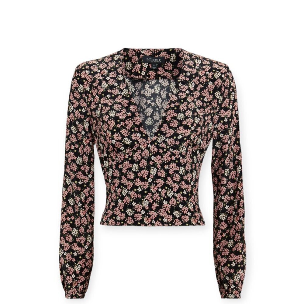 INTERMIX 100% Silk Black Floral V-Neck Blouse Petite Small Long Sleeve Bow Back
